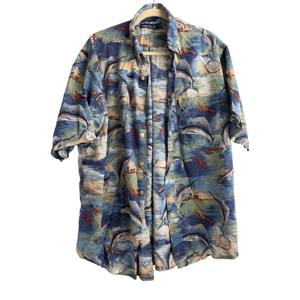 Vintage 90s Nautica Marlin Fish Print Button Down Shirt Size Large Coastal